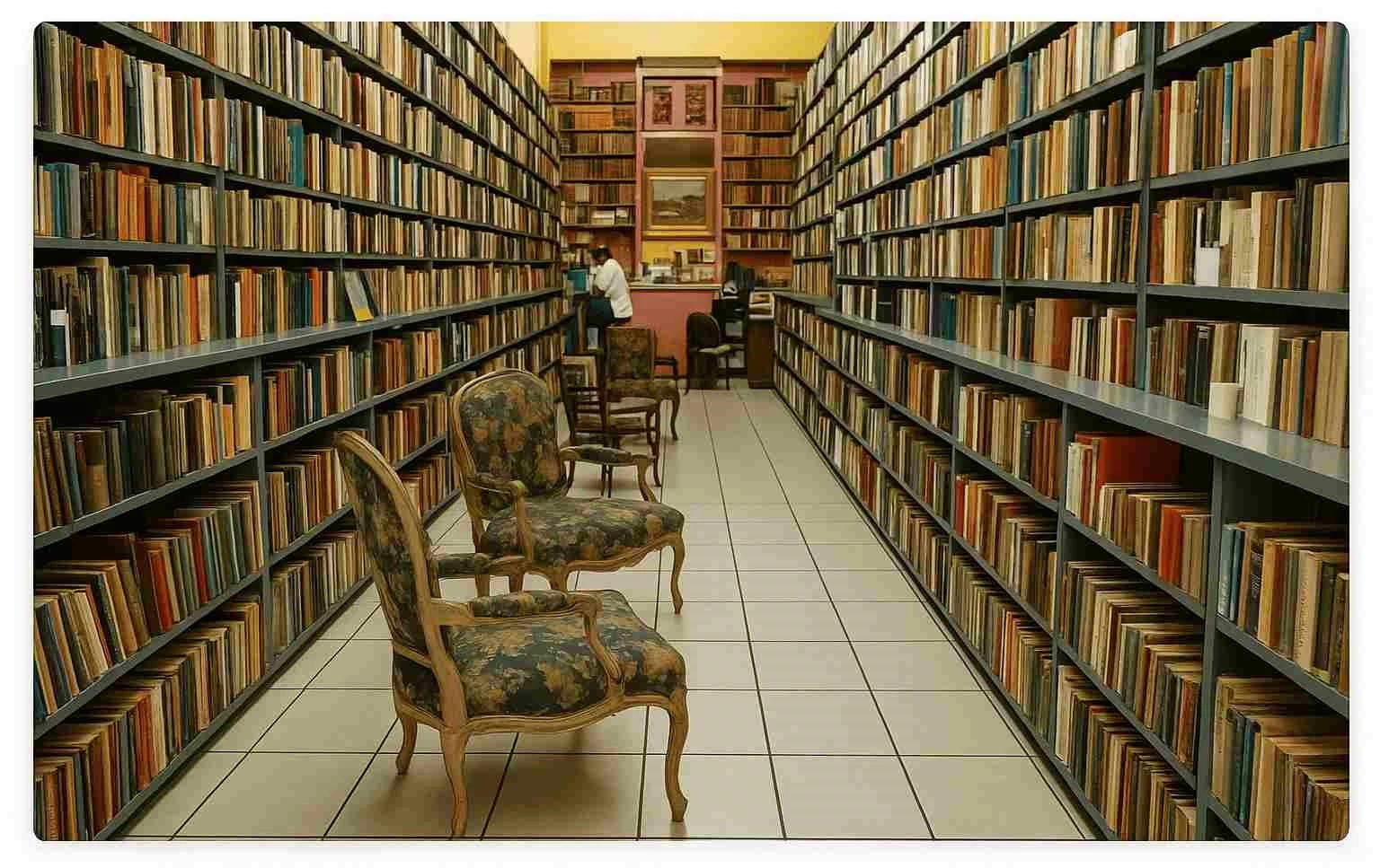 Interior da Letra Viva Livraria no Rio de Janeiro — prateleiras de livros e poltronas